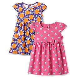 Babyhug Single Jersey Knit Cap Sleeves Floral & Tropical Theme Printed Frock With Bow Applique Pack Of 2- Pink & Purple