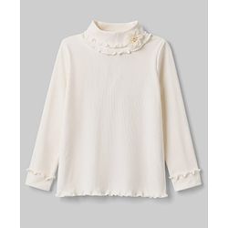Babyhug Cotton Knit Full Sleeves Solid Color Ribbed Winter T-Shirt with Ruffled Detailing - Off White