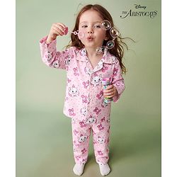 Babyhug Disney Poplin Woven Full Sleeves Shirt & Pyjama Co-ords Night Suit With Marie Graphic - Pink