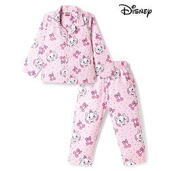 Babyhug Disney Poplin Woven Full Sleeves Shirt & Pyjama Co-ords Night Suit With Marie Graphic - Pink