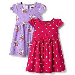 Babyhug Cotton Knit Half Sleeves Frocks with Bunny & Polka Dots Print Pack of 2 - Red & Lilac