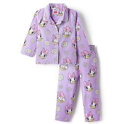 Babyhug Disney Poplin Woven Full Sleeves Front Open Shirt & Pyjama Night Suit with Daisy Duck Print - Lilac