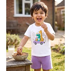 Babyhug 100% Cotton Knit Half Sleeves Dino & Car Printed T-Shirt & Shorts Night Suit - White