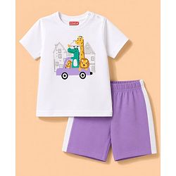 Babyhug 100% Cotton Knit Half Sleeves Dino & Car Printed T-Shirt & Shorts Night Suit - White