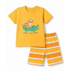 Babyhug 100% Cotton Knit Half Sleeves T-Shirt & Striped Shorts Night Suit with Crocodile & Cub Print - Yellow