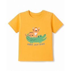 Babyhug 100% Cotton Knit Half Sleeves T-Shirt & Striped Shorts Night Suit with Crocodile & Cub Print - Yellow