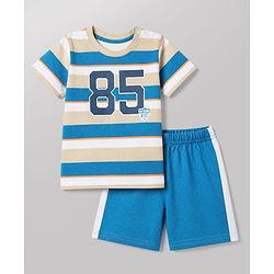Babyhug Cotton Knit Half Sleeves Short Set With Varsity Print - Blue