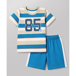 Babyhug Cotton Knit Half Sleeves Short Set With Varsity Print - Blue