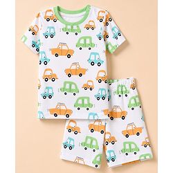 Babyhug 100% Cotton Knit Half Sleeves Co-Ords T-Shirt & Short Night Suit with Vehicle Print - White