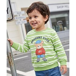 Babyhug 100% Cotton Terry Knit Striped Sweatshirt with Full Sleeves & Bear Print - Green