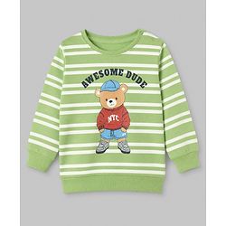 Babyhug 100% Cotton Terry Knit Striped Sweatshirt with Full Sleeves & Bear Print - Green