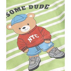Babyhug 100% Cotton Terry Knit Striped Sweatshirt with Full Sleeves & Bear Print - Green