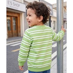 Babyhug 100% Cotton Terry Knit Striped Sweatshirt with Full Sleeves & Bear Print - Green