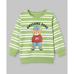 Babyhug 100% Cotton Terry Knit Striped Sweatshirt with Full Sleeves & Bear Print - Green
