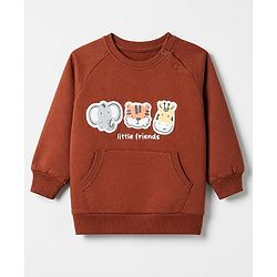 Babyhug 100% Cotton Heavy Gauge Terry Knit Sweatshirt with Full Raglan Sleeves and Animal Patch in Dark Brown