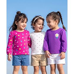 Babyhug 100% Cotton Knit Full Sleeves T-Shirts with Floral & Polka Dots Print Pack of 3 - White Pink & Purple