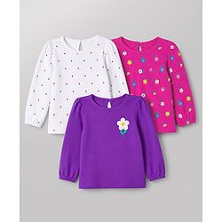 Babyhug 100% Cotton Knit Full Sleeves T-Shirts with Floral & Polka Dots Print Pack of 3 - White Pink & Purple