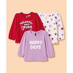 Babyhug Cotton Knit Full Sleeves Puffed T-Shirts With Rainbow & Text Print Pack Of 3 - Red & Lavender