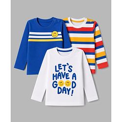 Babyhug 100% Cotton Knit Full Sleeves T-Shirts with Striped & Text Print Pack of 3 - White Blue & Red