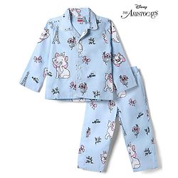 Babyhug Disney 100% Cotton Poplin Woven Full Sleeves Co-ord Shirt & Pajama Night Suit with Marie Graphic Print - Blue