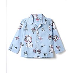 Babyhug Disney 100% Cotton Poplin Woven Full Sleeves Co-ord Shirt & Pajama Night Suit with Marie Graphic Print - Blue