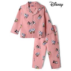 Babyhug Disney 100% Cotton Knit Full Sleeves Front Open Co- Ords Pyjama Night Suit With Mickey and Friends Disney Print - Print