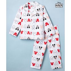 Babyhug Disney Poplin Woven Full Sleeves Co-Ords Shirt & Pyjama Night Suit with Mickey Mouse Print - White