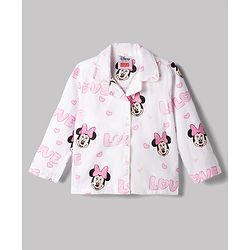 Babyhug Disney Poplin Woven Full Sleeves Co-Ords Shirt & Pyjama Night Suit with Minnie Mouse Print - White