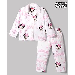 Babyhug Disney Poplin Woven Full Sleeves Co-Ords Shirt & Pyjama Night Suit with Minnie Mouse Print - White