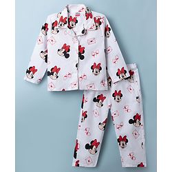 Babyhug Disney Poplin Woven Full Sleeves Co-Ords Shirt & Pyjama Night Suit with Minnie Mouse Print - White