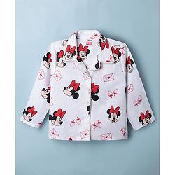 Babyhug Disney Poplin Woven Full Sleeves Co-Ords Shirt & Pyjama Night Suit with Minnie Mouse Print - White