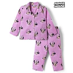 Babyhug Disney 100% Cotton Knit Full Sleeves Front Open Co- Ords Pyjama Night Suit With Mickey and Friends Disney Print -Lavender
