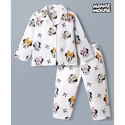 Babyhug Poplin Woven Full Sleeves Co-Ords Shirt & Pyjama Night Suit with Minnie Mouse Print - White