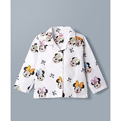 Babyhug Poplin Woven Full Sleeves Co-Ords Shirt & Pyjama Night Suit with Minnie Mouse Print - White