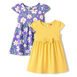 Babyhug Single Jersey Knit Cap Sleeves Floral & Polka Dots Printed Frocks With Bow Applique Pack Of 2 - Purple & Yellow