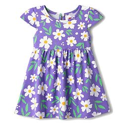 Babyhug Single Jersey Knit Cap Sleeves Floral & Polka Dots Printed Frocks With Bow Applique Pack Of 2 - Purple & Yellow