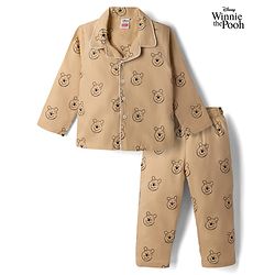 Babyhug Disney 100% Cotton Poplin Woven Full Sleeves Front Open Co-ord Shirt & Pajama Night Suit with Winnie the Pooh Print - Light Brown