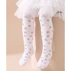 Cutewalk by Babyhug Non Terry Knit Anti-Bacterial Tights With Floral Design - White