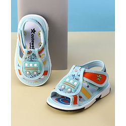 Cute Walk by Babyhug Velcro Closure Printed Musical Sandal With Vehicles Applique - Light Blue