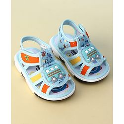 Cute Walk by Babyhug Velcro Closure Printed Musical Sandal With Vehicles Applique - Light Blue