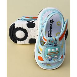 Cute Walk by Babyhug Velcro Closure Printed Musical Sandal With Vehicles Applique - Light Blue