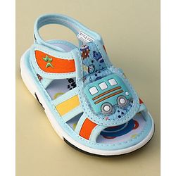 Cute Walk by Babyhug Velcro Closure Printed Musical Sandal With Vehicles Applique - Light Blue