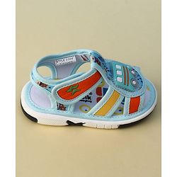 Cute Walk by Babyhug Velcro Closure Printed Musical Sandal With Vehicles Applique - Light Blue