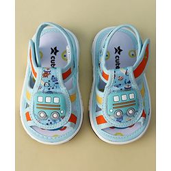 Cute Walk by Babyhug Velcro Closure Printed Musical Sandal With Vehicles Applique - Light Blue