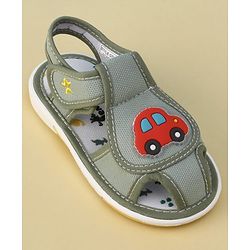 Cute Walk by Babyhug Velcro Closure Printed Musical Sandal With Vehicles & Dino Applique - Olive Green