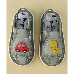 Cute Walk by Babyhug Velcro Closure Printed Musical Sandal With Vehicles & Dino Applique - Olive Green