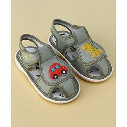 Cute Walk by Babyhug Velcro Closure Printed Musical Sandal With Vehicles & Dino Applique - Olive Green