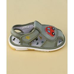 Cute Walk by Babyhug Velcro Closure Printed Musical Sandal With Vehicles & Dino Applique - Olive Green