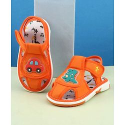 Cute Walk by Babyhug Velcro Closure Printed Musical Sandal With Vehicles & Dino Applique - Olive Green