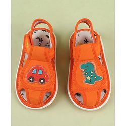 Cute Walk by Babyhug Velcro Closure Printed Musical Sandal With Vehicles & Dino Applique - Olive Green